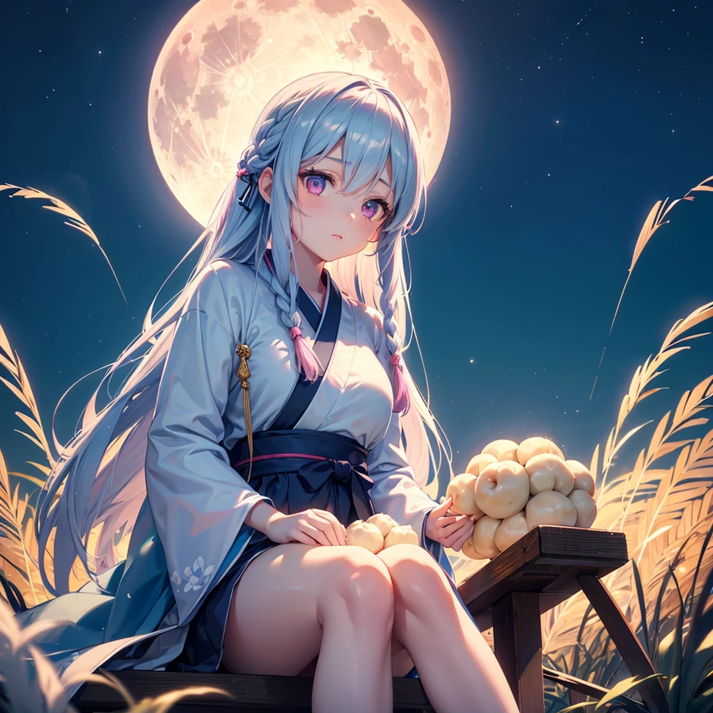 (Sky blue braided hair), (Pink eyes),Fair skin) ,(whole body),(One Girl),(White sweet dumplings ),White round dumplings,Japanese pampas grass,(beautiful, Full moon shining in the night sky),(masterpiece, Highest quality, Very detailed, Best Shadow), (Detailed Background), (Beautifully detailed face), High Contrast, (Best lighting, Very delicate and beautiful), ((Cinematic Light)), colorful, Hyper Detail,8k, Dramatic Light, Intricate details,Sit down and eat dumplings
