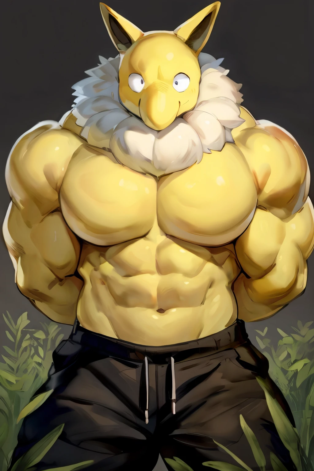 Furry, Anthro, solo, Hypno, Male, (((muscular body, massive thighs, massive male pectorals, fluffy neck, yellow skin, wearing black tanktop, wearing black sweatpants, wearing white sneakers))), ((((massive biceps, hands behind back))), ((((((massive bulky torso, wide-eyed, head tilted, facing viewer)))))), full body shot, meadow, grass, by buta99, by zackary911, by bebebebebe, (((digital painting)))