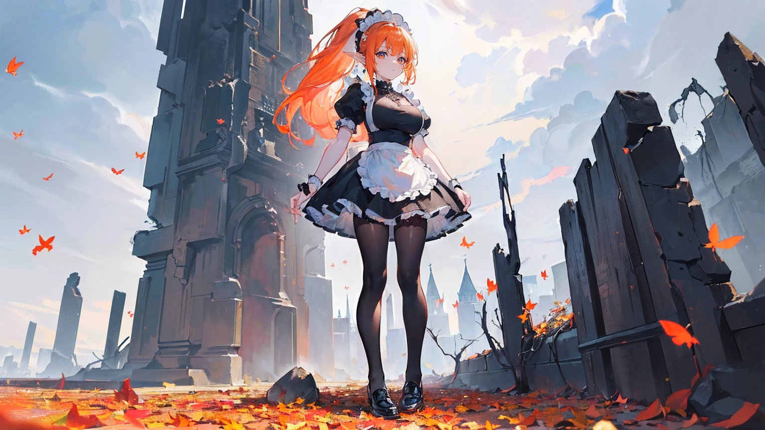 (Super detailed)),((illustration)),((masterpiece)),(((need))),((fine、Highest quality CG Unity 8K wallpapers,masterpiece),((4K,masterpiece,best quality)),Female elf with orange hair and high ponytail,Larger breasts,Colored eyes,Black and white maid outfit,Full-fledged maid,Pointed ears,There are colorful butterflies flying around,Standing on a pile of fallen leaves,Black tights,Black shoes,cold,In a weird dream,The sky is crumbling like a canvas,crack,Gap,individual,Full body picture