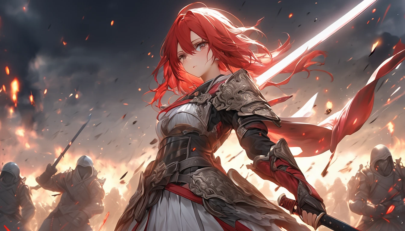 **185. One person。Battle series event。girl。Cowboy shot or close-up。masterpiece, best quality, ultra detailed (Detailed fingers), (Emotional), (main part: 1.2 Whole body。), (Anime Style), (Very detailed), (Militant), (超High resolution, High resolution), (8k), (High resolution: 1.2), (Complex and beautiful: 1.2)**
- background: In the middle of the battlefield、Surrounded by multiple enemies。
- girl: Intricately rendered combat armor、Sharp eyes and red hair。
-pose: Brandishing a sword、Standing against multiple enemies。
-expression: A look of concentration on the battlefield、Eyes are on the enemy。
- Effects: The light emitted from the sword illuminates the battlefield.、Intimidate the enemy。
-color: The contrast between the grey of the battlefield and the light of the sword、Increase tension。
