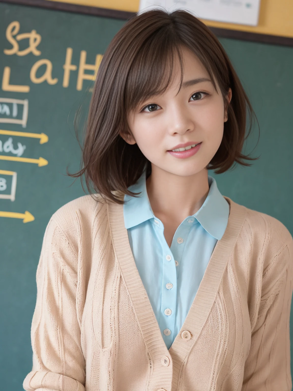 (One woman), short bob, 28 years old, Japanese, brown eyes, brown hair, slim figure, flat chest, rosy cheeks, flushed face,
Break
Clothing
Clothing
Pastel pink polo shirt, beige chinos, blue cardigan around neck.
Expression and background
Writing equations on the blackboard with a serious expression. You can see that she is studying with a smile and having fun. The background is her study room at home, with a timetable posted on the wall.