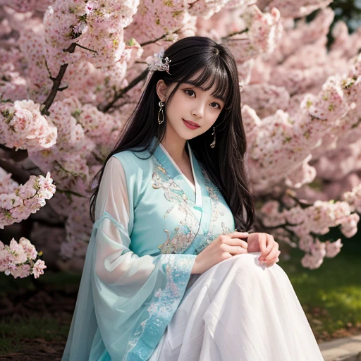 best quality, Delicate face,beautiful visual work, lifelike, eternity, black hair, Long curly hair, blunt bangs, Smile, Detailed Background, Delicate face,pink blush,cold,((masterpiece))、(top quality)、8k、high detail、Super detailed,21 years old female,Wearing wide-sleeved Tang Dynasty Hanfu、Clothes made of chiffon, gauze clothes, Transparent sleeves, Seductive and whimsical style、masterpiece、born、Scenes resembling fairy tale illustrations、intricate details和複雜的設計、Beautifully、magic、capricious、 Beautifully、Dream aesthetics、「𝓡𝓸𝓶𝓪𝓷𝓽𝓲𝓬、ethereal、charming、fickle、magic」、realism、Visual effects、FXAA、SSAO、Shader、voiceless、ambient lighting、Tone mapping、High resolution、Ultra high quality、Million pixels、(8K resolution:1.10)、8k、8k以下、8K resolution、high detail、intricate details, (high quality:1.2、masterpiece:1.2、:1.21)、(21 years old female:1.21)、(興奮地Smile)、(Surrounded by a dreamy atmosphere、Model diagram,full-body shot,Normal 2 feet,Don't show your fingers,Behind the Letting Go, The protrusion of the breast is visible when wearing clothes, Large Breasts, H cup chest, Landscape photos,full-body shot,Green clothes