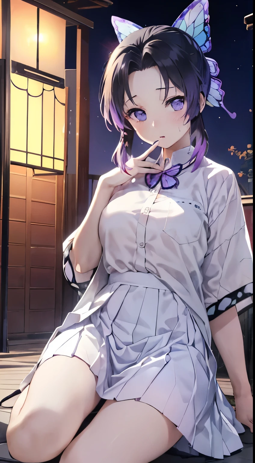 ((nsfw)), ((((最高の笑face)))), ((Open your mouth)), kochou shinobu, (((笑face,Sweat))), Peek into, ((high school student, White shirt, Short sleeve, skirt, uniform, Bag)), (((On the way home, Soft cream))), ((evening)), ((Side angle, Top view)), , (((summer))) , whole body, boost mood, Ultra-realistic 8K CG,masterpiece,, ((Highly detailed background,Delicate pattern,Intricate details, Fine and beautiful eyes)),The best quality in the best condition,とてもとてもとても詳細なface, Highly detailed eyesとface,Highly detailed eyes,kochou shinobu,Multicolored Hair,No bangs,Hair Intake,, Purple eyes,,butterfly,band,(熱band庭園:1.2),Purple Flower,mostly cloudy null,Tyndall effect,slope_null,face,beautiful null,,Seductive posture,(Medium chest:1.3), woman,15 years old