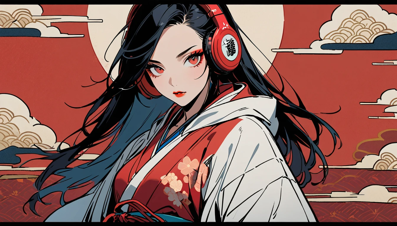 (((1 girl))), (((Flashy makeup))), (((Japanese style headphones))), (((Japanese pattern hoodie))), (((Japanese sword))), (((Female samurai))), Japanese beautiful girl, Black Hair, Delicate and precise, Modern ukiyo-e style, Japanese flag, red and blue neon