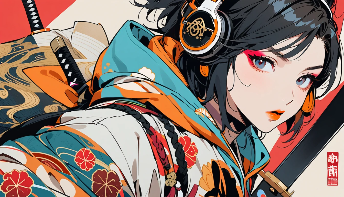 (((1 girl))), (((Flashy makeup))), (((Japanese style headphones))), (((Japanese pattern hoodie))), (((Japanese sword))), (((Female samurai))), Japanese beautiful girl, Black Hair, Delicate and precise, Modern ukiyo-e style, Japanese flag, red and blue neon