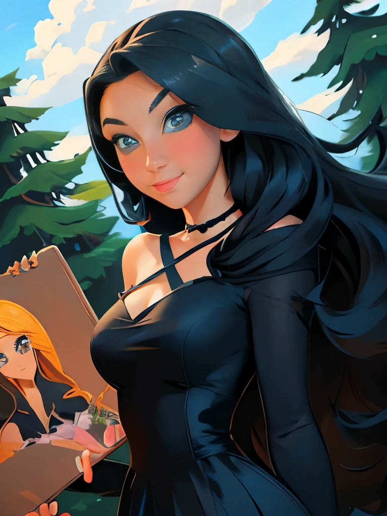 masterpiece, best quality, 1girl, solo, ((mature female)), round pupils, long hair, hair, princess, black dress, fantasy, happy, looking at viewer, cartoon, anime, (oil painting)