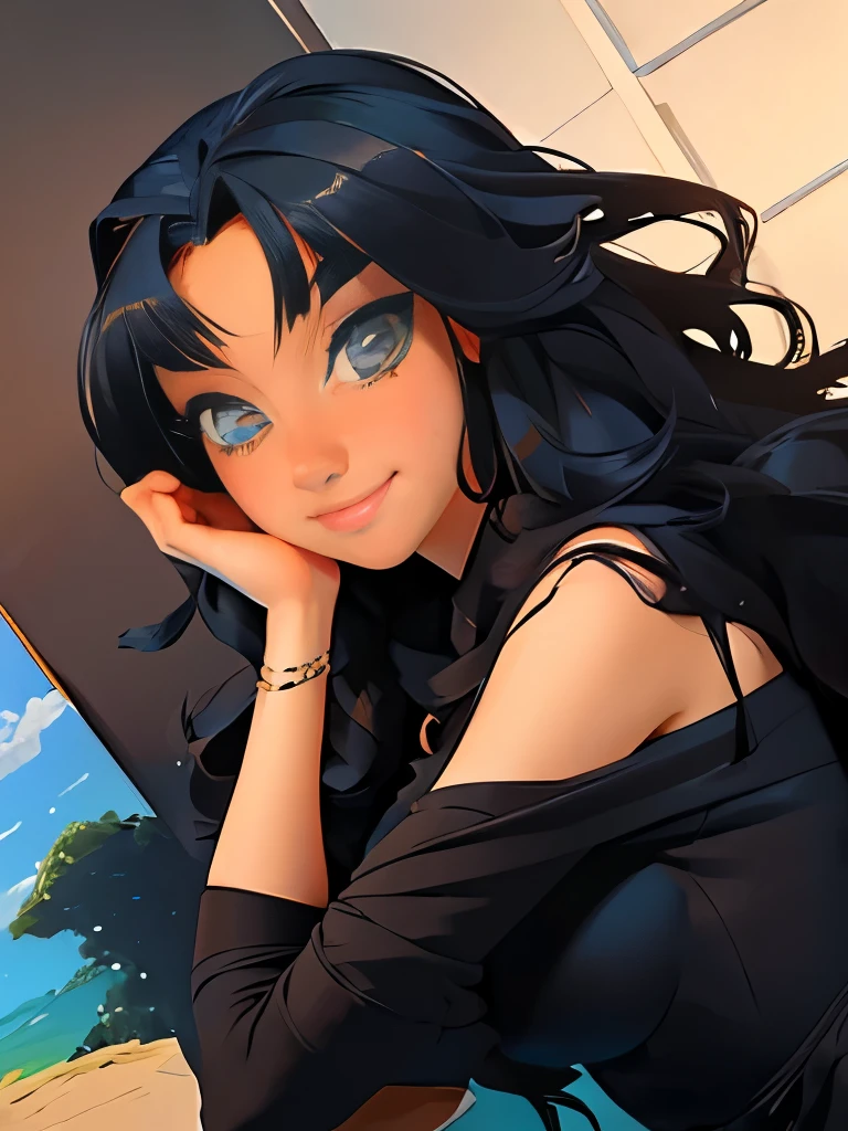 masterpiece, best quality, 1girl, solo, ((mature female)), round pupils, long hair, hair, princess, black dress, fantasy, happy, looking at viewer, cartoon, anime, (oil painting)