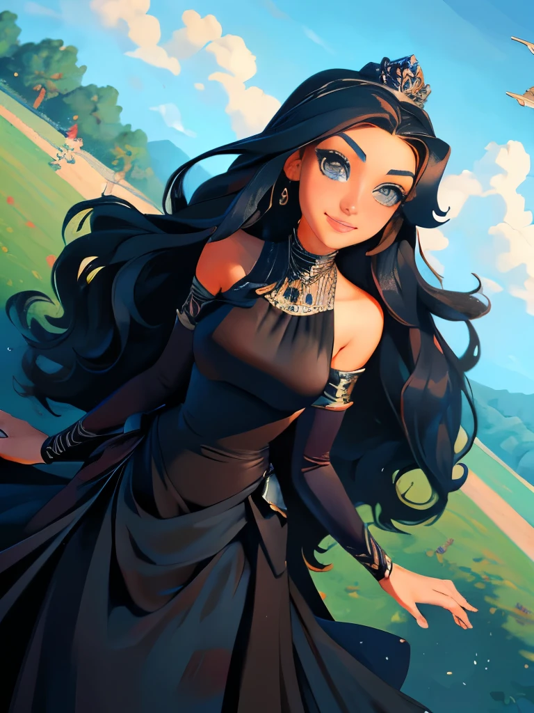 masterpiece, best quality, 1girl, solo, ((mature female)), round pupils, long hair, hair, princess, black dress, fantasy, happy, looking at viewer, cartoon, anime, (oil painting)