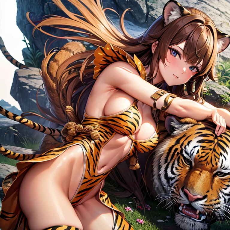 High resolution, Exposed breasts, Shortcuts, Brown Hair, Tiger-themed weapons, High resolution, accurate, Anatomically correct, 最high quality, detail, 高いdetail, high quality, Multiview, Exposed shoulders, Exposed Skin,