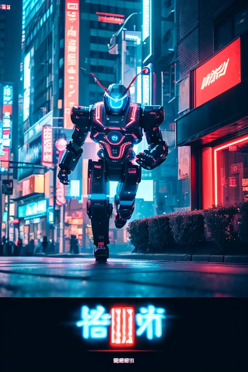 Giant humanoid robot running。
cyber cityscape。
Lens flare。
Streaks。
Neon Signs。
typography。
Protect against crime。
The drone is flying。
Bloom, Dithering, scan lines, Anaglyph, Cinematic light effects, Godley, reflected light, 