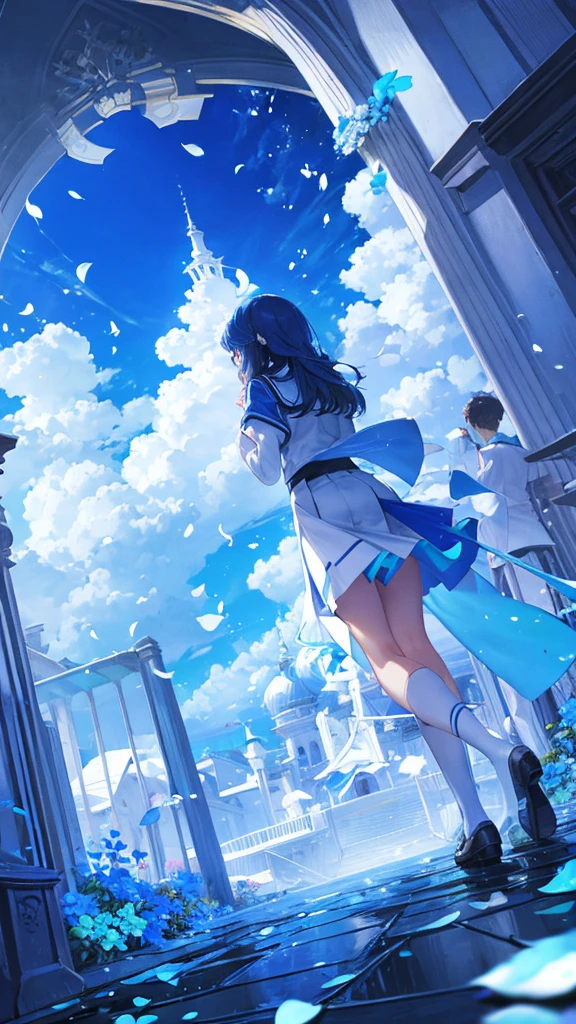 Impressive blue sky　Male and female back view　school uniform　An illustration　White flower petals falling　garden