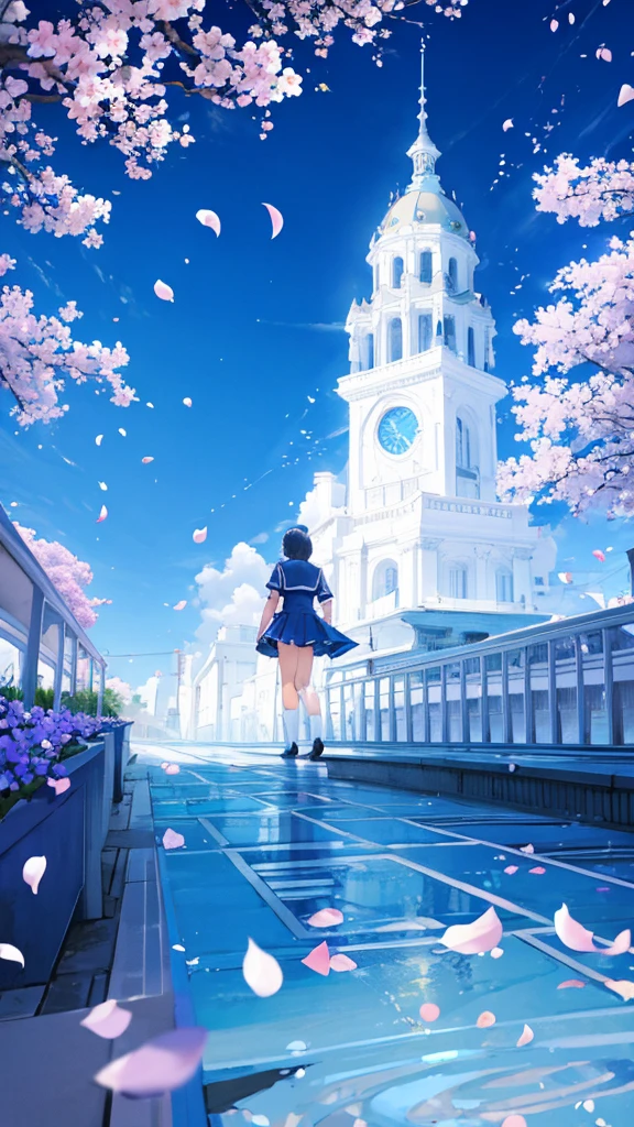 Impressive blue sky　Male and female back view　school uniform　An illustration　White flower petals falling　garden