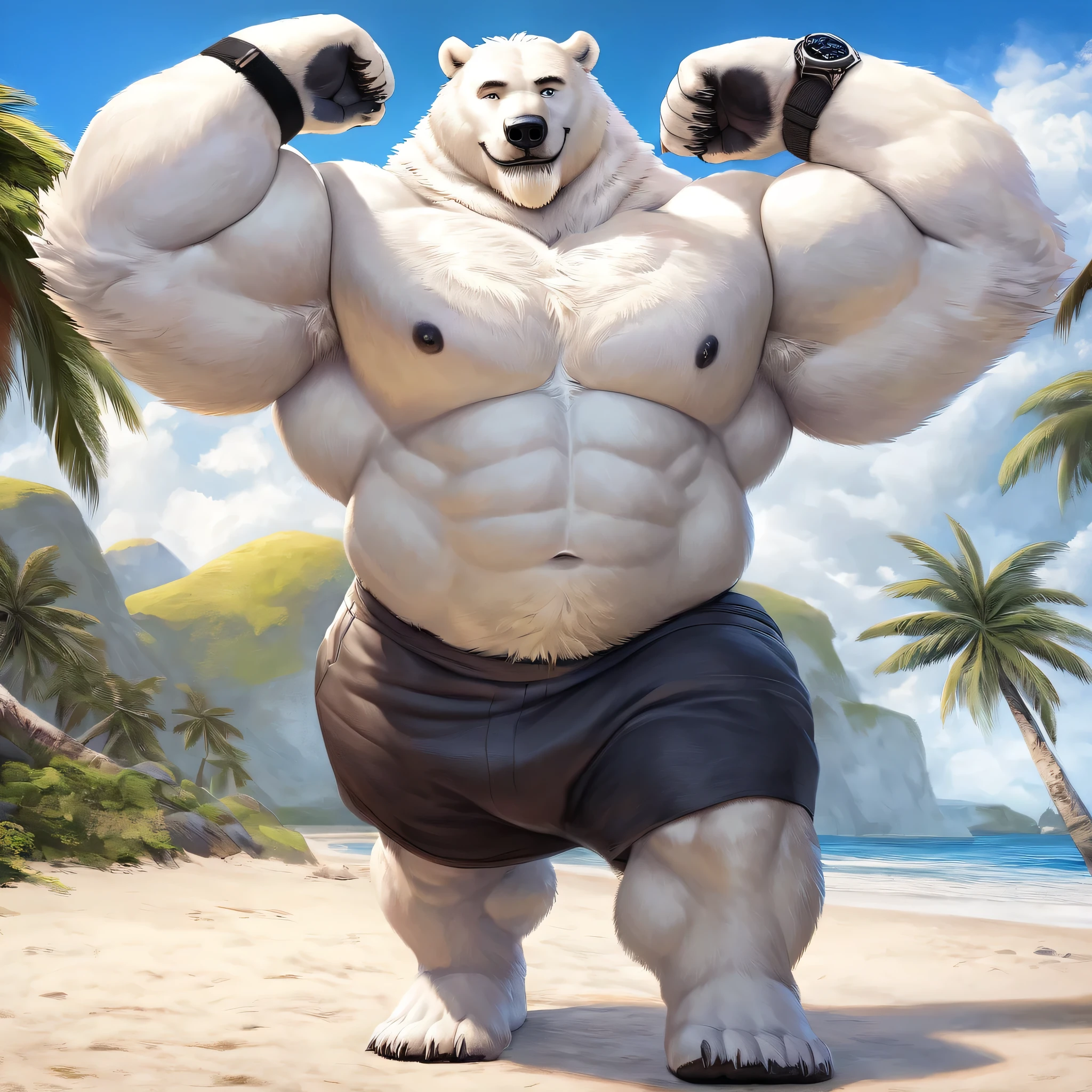 huge muscular polar bear on an island, big smile, polar bear, huge white fur, thick arm, huge arm, white mustache and beard. white hair, (muscular, pectoral, wide pectoral, thick arms), HEIGHT: 220CM, WEIGHT: 270KG, abs, beach, palm, realistic, 8k, masterpiece, added gray eyebrows, deatiled eyes, (wearing black shorts, wristband, watch, shirtless, topless and feet), rumbling his chest like a drum