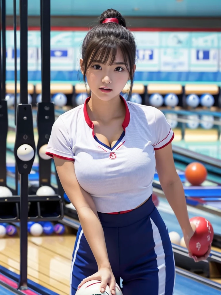 Big breasted girl is playing bowling