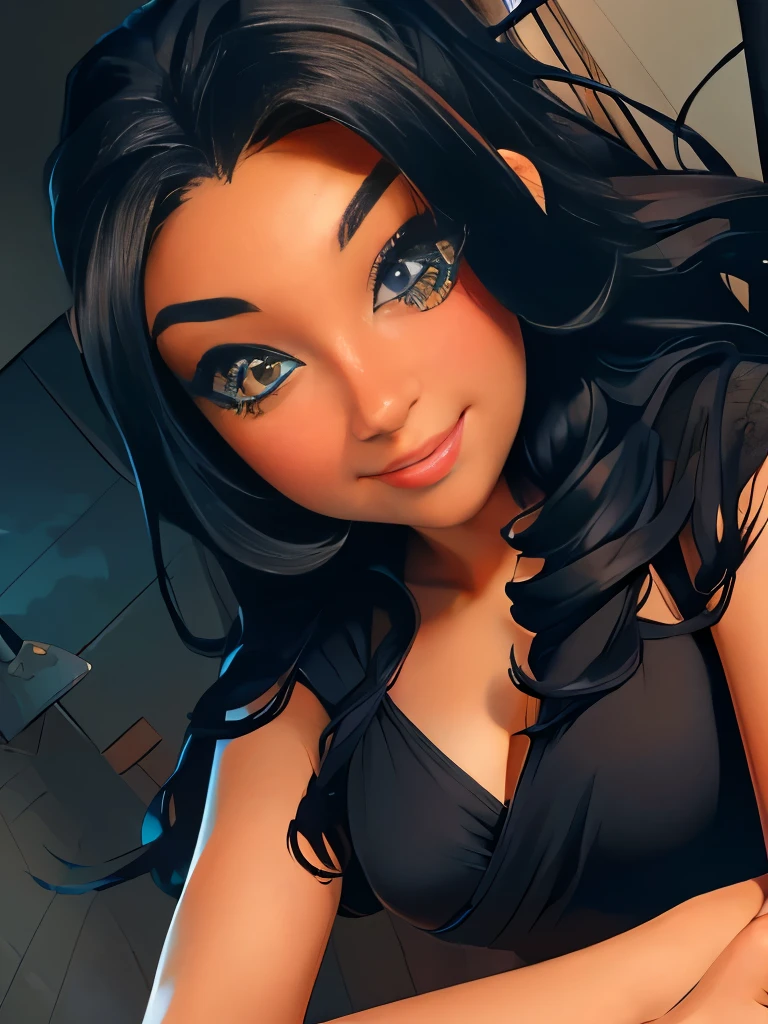masterpiece, best quality, 1girl, solo, ((mature female)), round pupils, long hair, hair, princess, black dress, fantasy, happy, looking at viewer, cartoon, anime, (oil painting)