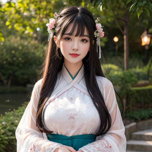 best quality, Delicate face，beautiful visual work, lifelike, eternity, black hair, Long curly hair, blunt bangs, Smile, Detailed Background, Delicate face，pink blush，cold，((masterpiece))、(top quality)、8k、high detail、Super detailed，21 years old female，Wearing wide-sleeved Tang Dynasty Hanfu、Clothes made of chiffon, gauze clothes, Transparent sleeves， Seductive and whimsical style、masterpiece、born、Scenes resembling fairy tale illustrations、intricate details和複雜的設計、Beautifully、magic、capricious、 Beautifully、Dream aesthetics、「𝓡𝓸𝓶𝓪𝓷𝓽𝓲𝓬、ethereal、charming、fickle、magic」、realism、Visual effects、FXAA、SSAO、Shader、voiceless、ambient lighting、Tone mapping、High resolution、Ultra high quality、Million pixels、(8K resolution:1.10)、8k、8k以下、8K resolution、high detail、intricate details， (high quality:1.2、masterpiece:1.2、:1.21)、(21 years old female:1.21)、(興奮地Smile)、(Surrounded by a dreamy atmosphere、Model diagram，full-body shot，Normal 2 feet，Don't show your fingers，Behind the Letting Go, The protrusion of the breast is visible when wearing clothes, Large Breasts, H cup chest, Landscape photos，Green clothes