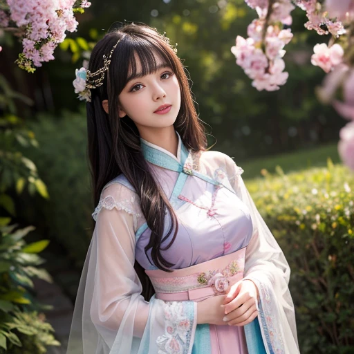 best quality, Delicate face，beautiful visual work, lifelike, eternity, black hair, Long curly hair, blunt bangs, Smile, Detailed Background, Delicate face，pink blush，cold，((masterpiece))、(top quality)、8k、high detail、Super detailed，21 years old female，Wearing wide-sleeved Tang Dynasty Hanfu、Clothes made of chiffon, gauze clothes, Transparent sleeves， Seductive and whimsical style、masterpiece、born、Scenes resembling fairy tale illustrations、intricate details和複雜的設計、Beautifully、magic、capricious、 Beautifully、Dream aesthetics、「𝓡𝓸𝓶𝓪𝓷𝓽𝓲𝓬、ethereal、charming、fickle、magic」、realism、Visual effects、FXAA、SSAO、Shader、voiceless、ambient lighting、Tone mapping、High resolution、Ultra high quality、Million pixels、(8K resolution:1.10)、8k、8k以下、8K resolution、high detail、intricate details， (high quality:1.2、masterpiece:1.2、:1.21)、(21 years old female:1.21)、(興奮地Smile)、(Surrounded by a dreamy atmosphere、Model diagram，full-body shot，Normal 2 feet，Don't show your fingers，Behind the Letting Go, The protrusion of the breast is visible when wearing clothes, Large Breasts, H cup chest, Landscape photos，Green clothes