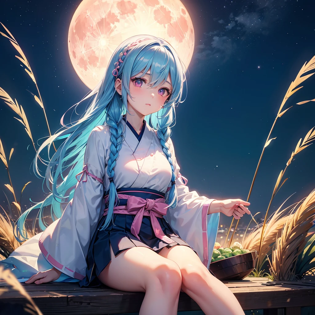 Sky blue hair, (1 braided hair), (Pink eyes),Fair skin) ,(whole body),(One Girl),(White sweet dumplings ),White round dumplings,Japanese pampas grass,(beautiful, Full moon shining in the night sky),(masterpiece, Highest quality, Very detailed, Best Shadow), (Detailed Background), (Beautifully detailed face), High Contrast, (Best lighting, Very delicate and beautiful), ((Cinematic Light)), colorful, Hyper Detail,8k, Dramatic Light, Intricate details,Sit down and eat dumplings