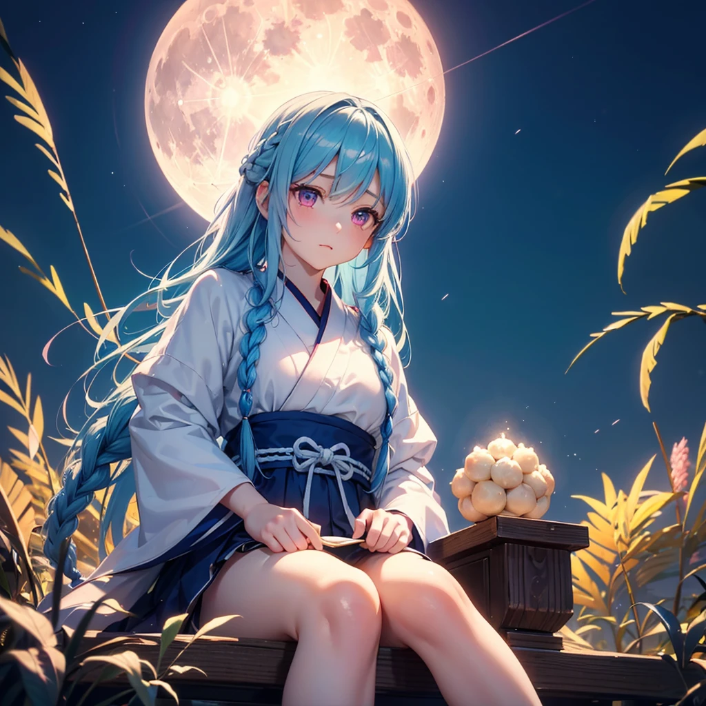 Sky blue hair, (1 braided hair), (Pink eyes),Fair skin)  ,(whole body),(One Girl),(White sweet dumplings ),White round dumplings,Japanese pampas grass,(beautiful, Full moon shining in the night sky),(masterpiece, Highest quality, Very detailed, Best Shadow), (Detailed Background), (Beautifully detailed face), High Contrast, (Best lighting, Very delicate and beautiful), ((Cinematic Light)), colorful, Hyper Detail,8k, Dramatic Light, Intricate details,Sit down and eat dumplings