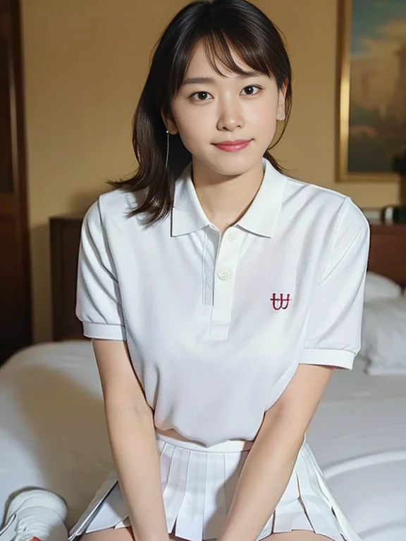 (Masterpiece, Best quality: 1.4), (Ultra realistic, Photo-realistic: 1.2), From above, From side, Sitting, Looking at viewer, Natural light, 28 years old actress, Japanese women, Neat and clean, ((Wearing white tennis uniform, White short-sleeve polo shirt with collar, Not buttoning the polo shirt, White pleated tennis skirt: 1.3)), (Wearing white sock: 1.2), (Ponytail: 1.2), (Beautiful face), Oval face, clear, Beautiful eyes, Kind eyes, Clear skin, Small face, Beautiful mouth, Small mouth, Natural makeup, Approachable, Seductive smile, (Seductive pose: 1.4), (Beautiful thighs: 1.2), (Bedroom eyes: 1.1), Embarrassed, Blush, Luxury hotel Suite room, On bed,