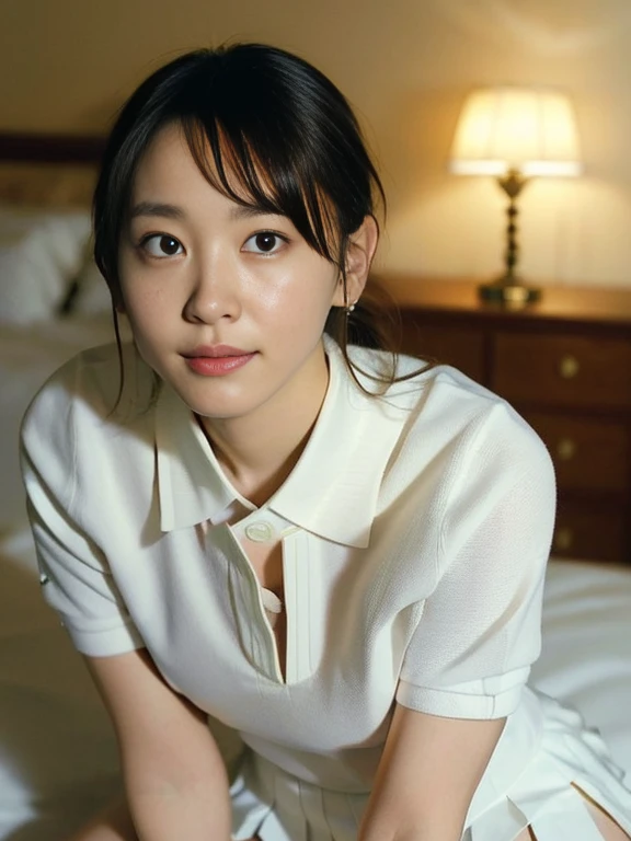 (Masterpiece, Best quality: 1.4), (Ultra realistic, Photo-realistic: 1.2), From above, From side, Sitting, Looking at viewer, Natural light, 28 years old actress, Japanese women, Neat and clean, ((Wearing white tennis uniform, White short-sleeve polo shirt with collar, Not buttoning the polo shirt, White pleated tennis skirt: 1.3)), (Wearing white sock: 1.2), (Ponytail: 1.2), (Beautiful face), Oval face, clear, Beautiful eyes, Kind eyes, Clear skin, Small face, Beautiful mouth, Small mouth, Natural makeup, Approachable, Seductive smile, (Seductive pose: 1.4), (Beautiful thighs: 1.2), (Bedroom eyes: 1.1), Embarrassed, Blush, Luxury hotel Suite room, On bed,