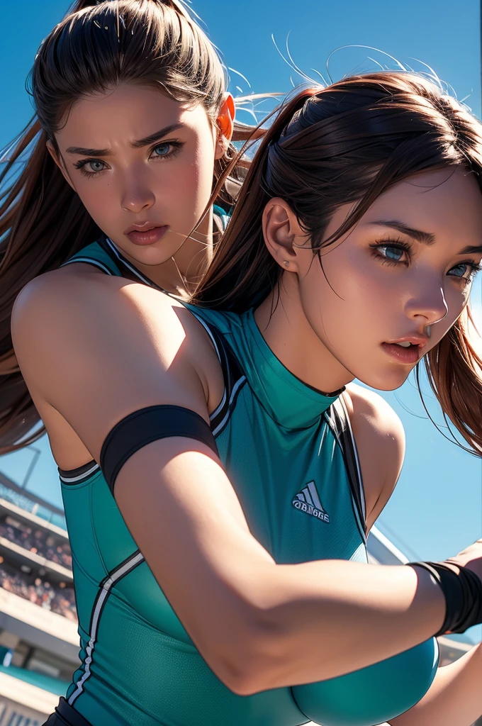 The official art featured in this work is of the highest quality, Introducing female athletes wearing sportswear. Highly detailed CG Unity 8K wallpaper、It captures a medium shot of an aqua-eyed athlete., Maroon mouth, ". Her brown hair is neatly tied back., Improve the overall appearance. The stage is a stadium with the sky as a backdrop, Enhance cinematic lighting effects with Rim Light. The players are looking straight into the camera., Exudes confidence and determination.