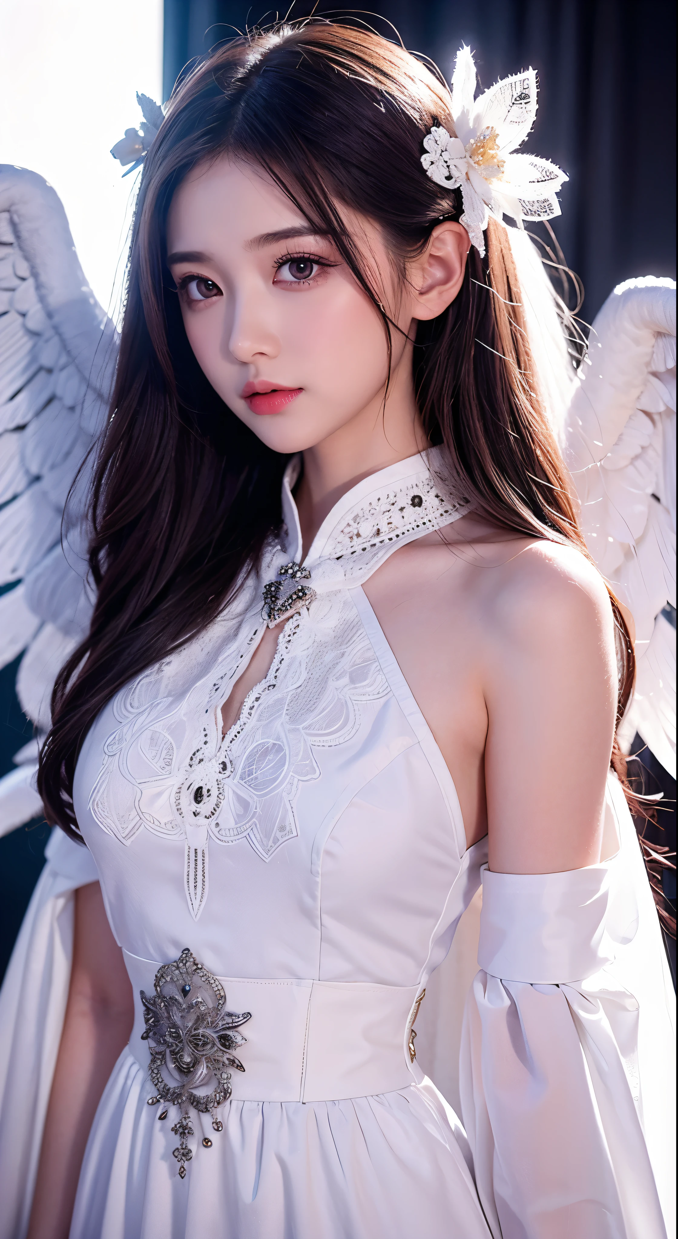 ((raw photo)), ((masterpiece)), anthropomorphic humanoid AngelGirl wearing white noble robe, intricate detail, futobot, intricate Greebles pieces, sky behind, pink, beautiful wings, detailed eyes and lips