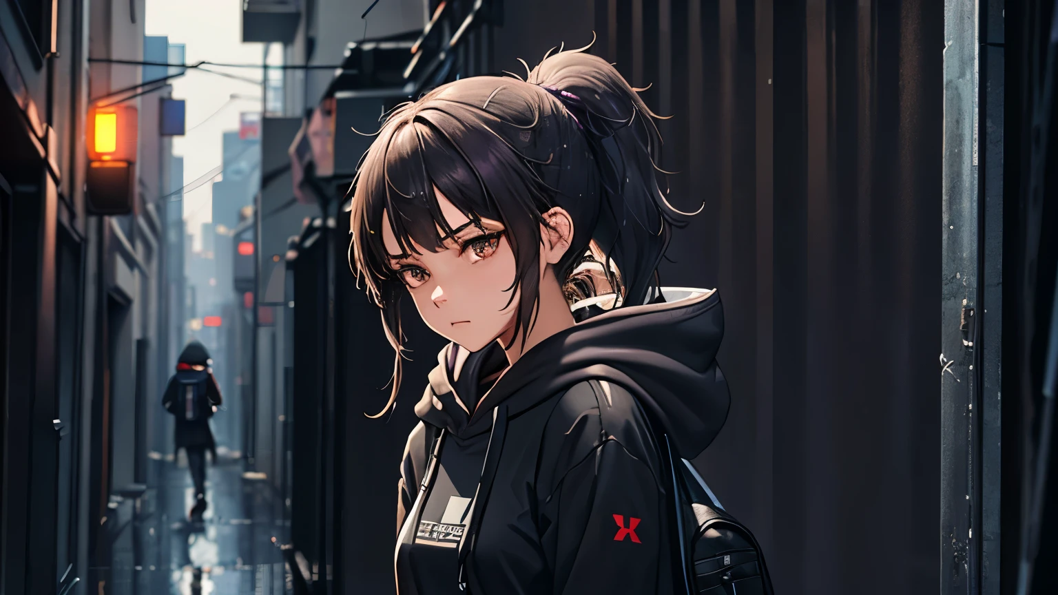 (A girl taking shelter from the rain, brunette, medium hair, ponytail, gray hoodie, long sleeves, black backpack, purple basketball shoes), (Upper body), (Night, rainy city, big city, narrow back alley, cyberpunk)