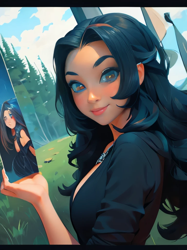 masterpiece, best quality, 1girl, solo, ((mature female)), round pupils, long hair, hair, princess, black dress, fantasy, happy, looking at viewer, cartoon, anime, (oil painting)