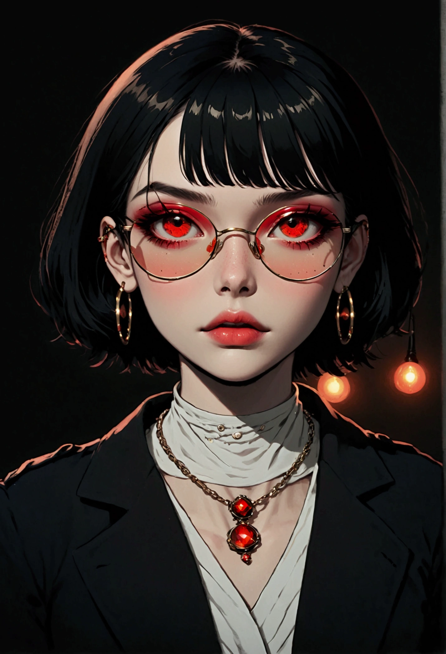 In this visually striking image, a person stands center frame, dressed in dark clothing, drawing attention with their bold accessories. The character's face is partially hidden by a messy bob haircut, but their bright red glasses and oversized earrings command focus. A necklace featuring a large, vibrant red gemstone adds to the overall pop of color. The subject's expression is calm, with subtle hints of mischief in their eyes. The background is a blurred mix of neutral tones, allowing the character's striking appearance to take center stage.