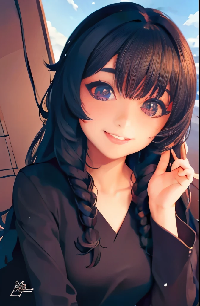 masterpiece, best quality, 1girl, solo, ((mature female)), round pupils, long hair, hair, princess, black dress, fantasy, happy, looking at viewer, cartoon, anime, (oil painting)