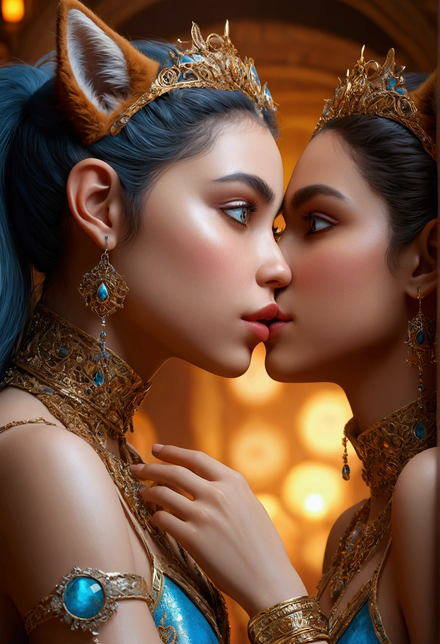 2 furry girls, extremely detailed faces with beautiful eyes, lips and skin, kissing each other's butts, highly detailed, photorealistic, 8k, highest quality, intricate details, dynamic lighting, cinematic, dramatic, vibrant colors, fantasy art, magical, ethereal atmosphere