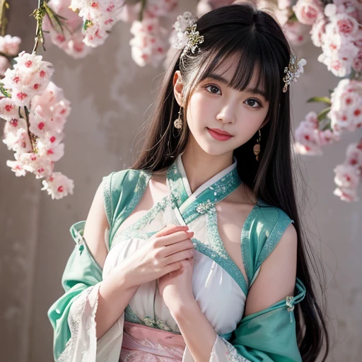 best quality, Delicate face,beautiful visual work, lifelike, eternity, black hair, Long curly hair, blunt bangs, Smile, Detailed Background, Delicate face,pink blush,cold,((masterpiece))、(top quality)、8k、high detail、Super detailed,21 years old female,Wearing wide-sleeved Tang Dynasty Hanfu、Clothes made of chiffon, gauze clothes, Transparent sleeves, Seductive and whimsical style、masterpiece、born、Scenes resembling fairy tale illustrations、intricate details和複雜的設計、Beautifully、magic、capricious、 Beautifully、Dream aesthetics、「𝓡𝓸𝓶𝓪𝓷𝓽𝓲𝓬、ethereal、charming、fickle、magic」、realism、Visual effects、FXAA、SSAO、Shader、voiceless、ambient lighting、Tone mapping、High resolution、Ultra high quality、Million pixels、(8K resolution:1.10)、8k、8k以下、8K resolution、high detail、intricate details, (high quality:1.2、masterpiece:1.2、:1.21)、(21 years old female:1.21)、(興奮地Smile)、(Surrounded by a dreamy atmosphere、Model diagram,full-body shot,Normal 2 feet,Don't show your fingers,Behind the Letting Go, The protrusion of the breast is visible when wearing clothes, Large Breasts, H cup chest, Landscape photos,Green clothes