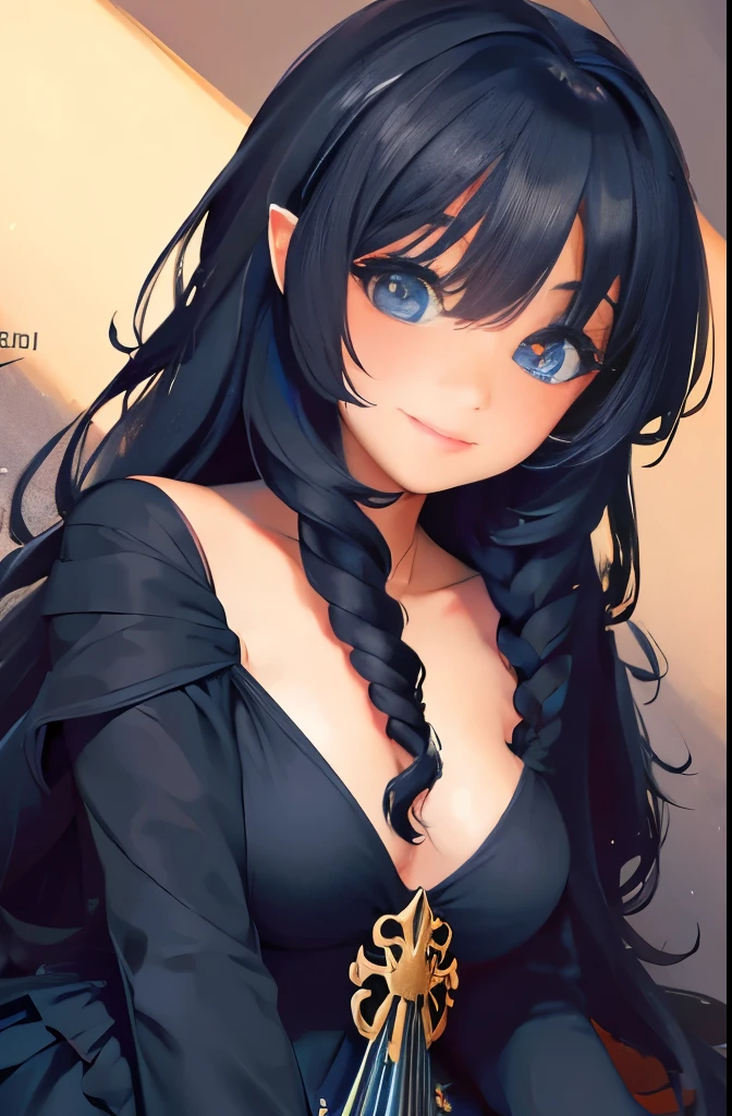masterpiece, best quality, 1girl, solo, (( female)), round pupils, long hair, hair, princess, black dress, fantasy, happy, looking at viewer, cartoon, anime, (oil painting)