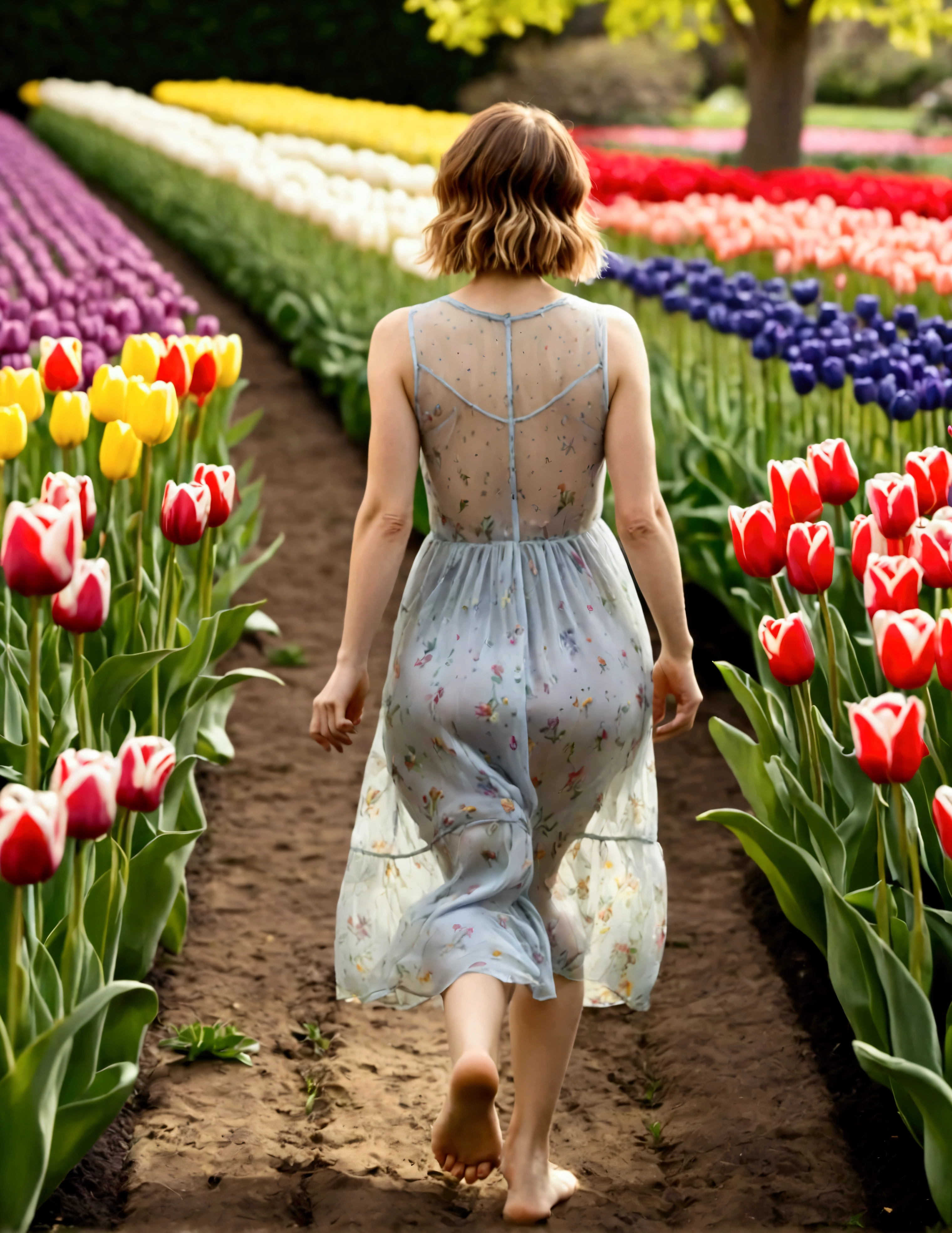 female Desi supermodel, age 25, sheer summer dress (back exposed) no underwear, barefoot, back to viewer, walking through a flower garden with many varieties of tulip, early morning, high detailed, hyper realistic, cinematic lighting, soft focus, muted color palette, natural environment, dramatic pose, elegant expression, flawless skin, long hair flowing in the wind, delicate facial features
