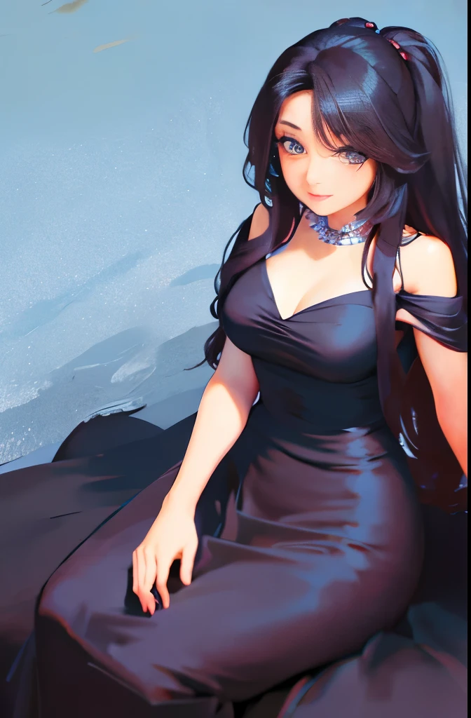 masterpiece, best quality, 1girl, solo, ((mature female)), round pupils, long hair, hair, princess, black dress, fantasy, happy, looking at viewer, cartoon, anime, (oil painting)
