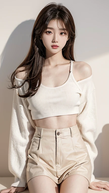 20-year-old female,Korean beauty,Korean Idol,Large target_Chest,perfect ,pure_,peaceful tone,Soft colors,High contrast,Natural skin texture,Surrealism,Soft Light,sharp,Simple background,Light brown hair,Sexy clothing,Undercut