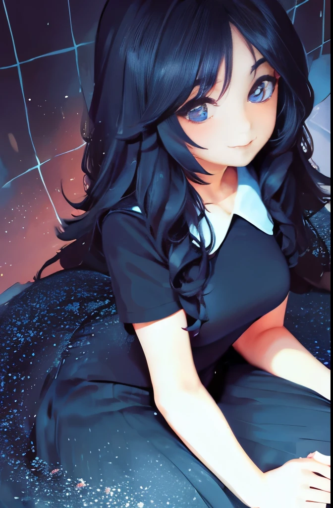 masterpiece, best quality, 1girl, solo, ((mature female)), round pupils, long hair, hair, princess, black dress, fantasy, happy, looking at viewer, cartoon, anime, (oil painting)