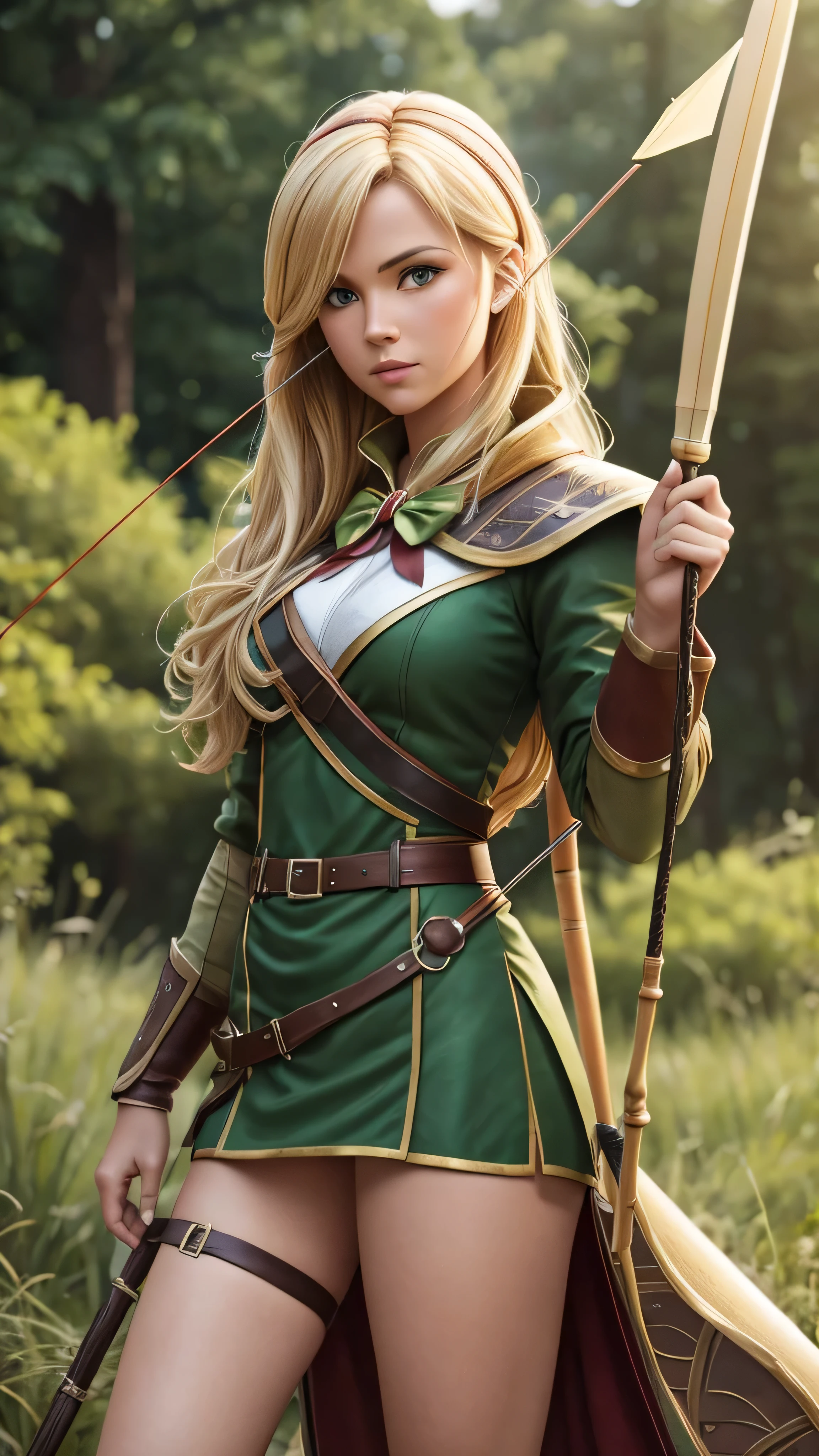female, archer, blond cone hair, green archer mini dress, green high boots, (big bow), (quiver), (arrows), maroon guantlets, (masterpiece, best quality), (hyper realistic:1.6), ((detailed face)), ((award-winning)), (sharp), (8k resolution), (cinematic lighting)