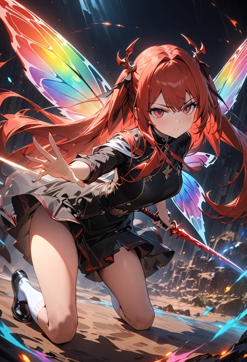 a 16 year old girl with long beautiful red hair and red eyes,Long hairstyle with two sides up,expressionless like a doll, wearing a black military uniform with a black short skirt, white socks and black shoes, holding a medieval shaped red sword in one hand, beautiful white fantasy rainbow fairy wings growing from her back, fantastic light particles fly out of the white feathers, holographic effect on the feathers, cold look on her face as she fights many monsters on the ground against the backdrop of a hellish red sky, the ground is a desert-like landscape, posing dynamically swinging her sword, (masterpiece, best quality, 4k, 8k:1.5), best quality, ultra detail, fantastic, abstract, physically based rendering, ultra-fine painting