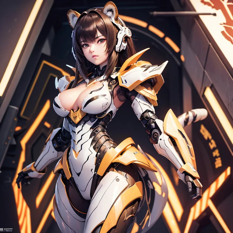 High resolution, Exposed breasts, Shortcuts, Brown Hair, Tiger-themed mecha, High resolution, accurate, Anatomically correct, 最high quality, detail, 高いdetail, high quality, Multiview, Exposed shoulders, Exposed Skin, Neon Light,