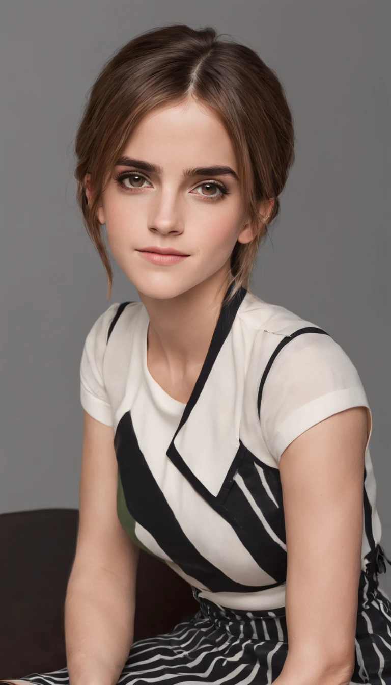 (Emma Watson), ((RAW photograph, Realistic photo, Best quality, 8K, Masterpiece: 1.3)), (full figure:0.9), Secretary of Mexico, They are 30 years old, aligned eyes, smiling, Very long straight hair, She will be wearing a tight striped skirt, (micro mini skirt:1.2), She will be wearing a blouse, thin waist, She will be with her back to the viewer, She will be sitting in the office. of nature