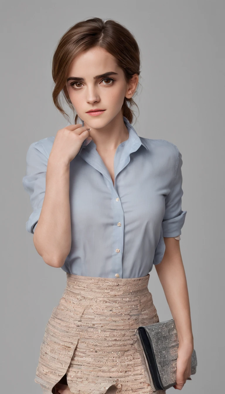 (Emma Watson), ((RAW photograph, Realistic photo, Best quality, 8K, Masterpiece: 1.3)), (full figure:0.9), Secretary of Mexico, They are 30 years old, aligned eyes, smiling, Very long straight hair, She will be wearing a tight striped skirt, (micro mini skirt:1.2), She will be wearing a blouse, thin waist, She will be with her back to the viewer, She will be sitting in the office. of nature