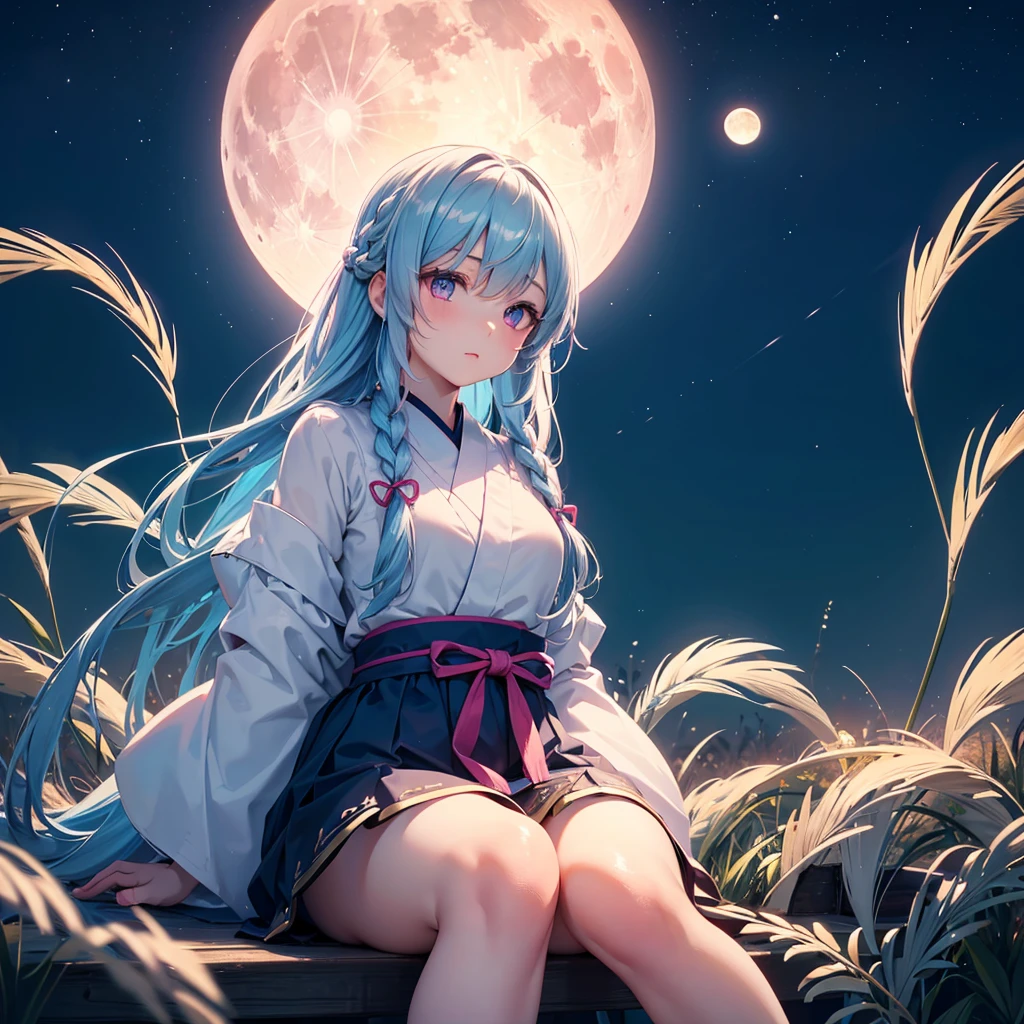 (Sky blue single braided hair), (Pink eyes),Fair skin) ,(whole body),(One Girl),(White sweet dumplings ),White round dumplings,Japanese pampas grass,(beautiful, Full moon shining in the night sky),(masterpiece, Highest quality, Very detailed, Best Shadow), (Detailed Background), (Beautifully detailed face), High Contrast, (Best lighting, Very delicate and beautiful), ((Cinematic Light)), colorful, Hyper Detail,8k, Dramatic Light, Intricate details,Sit down and eat dumplings