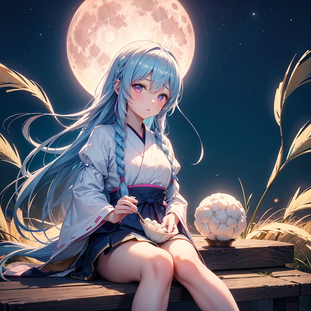 (Sky blue single braided hair), (Pink eyes),Fair skin) ,(whole body),(One Girl),(White sweet dumplings ),White round dumplings,Japanese pampas grass,(beautiful, Full moon shining in the night sky),(masterpiece, Highest quality, Very detailed, Best Shadow), (Detailed Background), (Beautifully detailed face), High Contrast, (Best lighting, Very delicate and beautiful), ((Cinematic Light)), colorful, Hyper Detail,8k, Dramatic Light, Intricate details,Sit down and eat dumplings