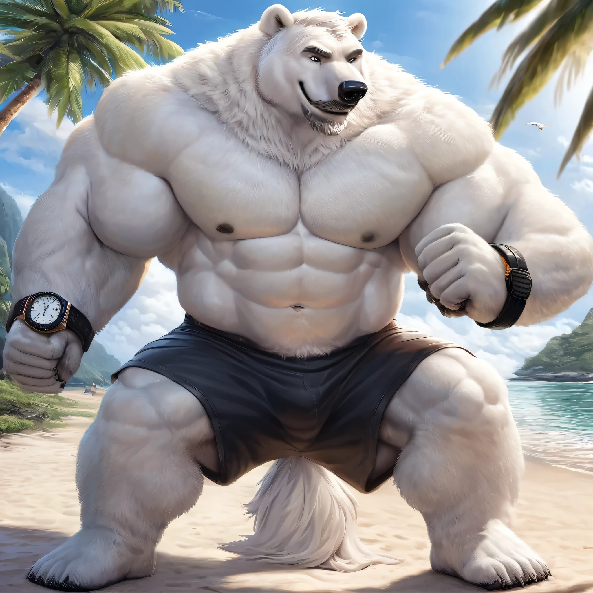 huge muscular polar bear on an island, big smile, polar bear, huge white fur, thick arm, huge arm, white mustache and beard. white hair, (muscular, pectoral, wide pectoral, thick arms), HEIGHT: 220CM, WEIGHT: 270KG, abs, beach, palm, realistic, 8k, masterpiece, added gray eyebrows, deatiled eyes, (wearing black shorts, wristband, watch, shirtless, topless and feet), training his punches and strength feats