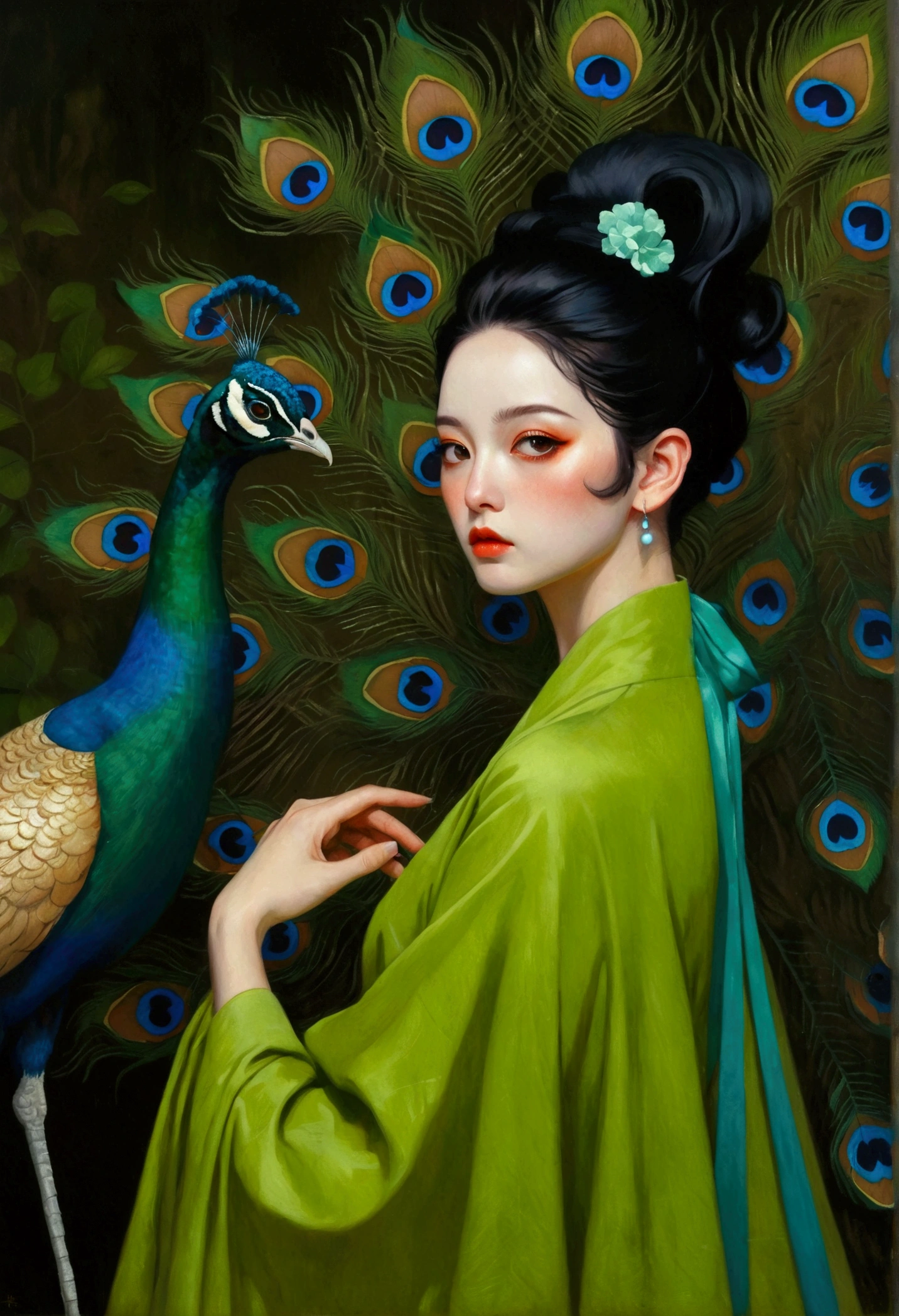 A woman in a green dress in the painting，A peacock perched on his shoulder, Tom Bagshaw Donato Giancora, Natalie Shaw Tom Bagshaw, Artgerm and Tom bAgshAw, Beautiful character painting, Artgerm Julie Bell Beeple, Chie Yoshii, Art Jam and James Jean, Art by Tom Bagsha, tom bagshaw style