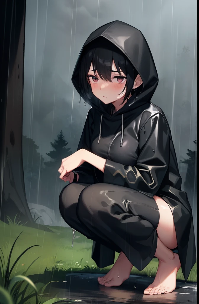 cloudy,rain,fog,forest,1 girl,Videl,Wearing a black hood,black long raincoat,Black Hair,Shortcuts,barefoot,Close ~ eyes,boyish,Gloomy face,