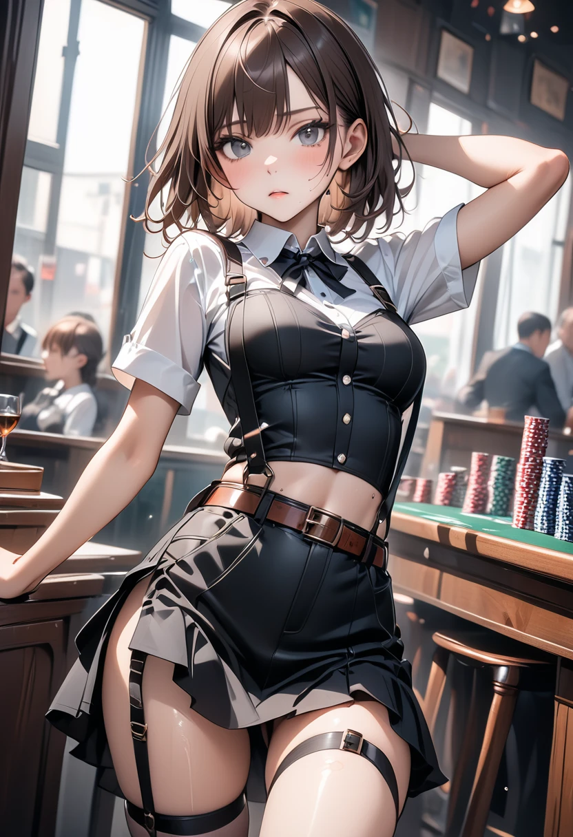 ai-generated,Black Skirt, suspenders, Brown Hair、Grey Eyes, Put garters on the legs, Tight clothing, belt Underarm sweating poker face Medium chest