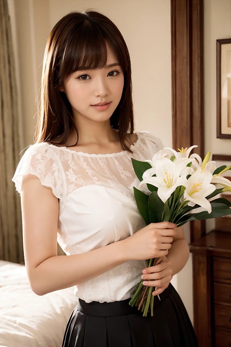 Medium Size Display, Medium Shot, Written boundary depth, bust, Upper Body, Movie angle, masterpiece, Highest quality, Very detailed, CG, 8k wallpaper, Beautiful Face, Delicate eyes, Otome, alone, smile, bangs, skirt, Formal blouse, Bouquet of lilies